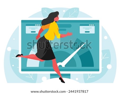 Fast decision making. Measurement on display. Running businesswoman. Late woman. Worker character is late for a meeting. Deadline concept. Vector graphics