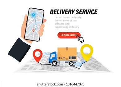 Fast deliver. Express conveyance  service. Delivery route. Delivery route on paper city map. Delivery truck with cardboard box. Аast delivery route on the map in the phone. E-commerce concept Web Page