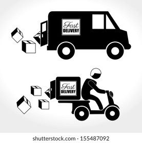 Fast  deliver with motorcycle messenger and truck over white background