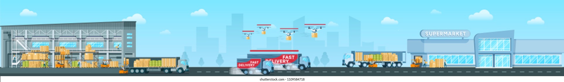 Fast Delivering Goods from Warehouse to Supermarket Long Panoramic Vector Banner or Concept in Flat Design. Loaded Postal Drones and Cargo Trucks Delivering Freights from Big Storehouse to City Mall