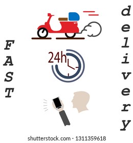 fast delivery 24 hours by scooter. vector illustration