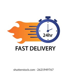 Schnelle Lieferung 24 Stunden. Lieferaufkleber für Online-Shopping. Vektorgrafik von Uhr, Feuer und Countdown.