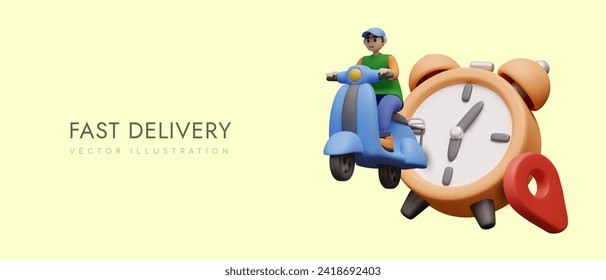 Fast delivery. 3D male character in hurry on scooter. Courier rushes to customer