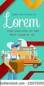 Fast Delivery Advert Color Vector Banner Template. Courier Holding Purchase for Client Cartoon Character. Home Parcel Shipment Concept. Express Shipping Vertical Flyer, Brochure, Poster Design