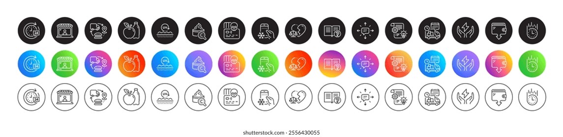 Fast delivery, Apple and Cyber attack line icons. Round icon gradient buttons. Pack of Refrigerator app, Safe energy, Wallet icon. Cogwheel, Uv protection, Market seller pictogram. Vector