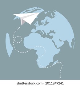 Fast delivery around the world, the direction of air transportation, the concept of tourism and travel, destination on the map. Airplane and its track on the background of the Earth map.
