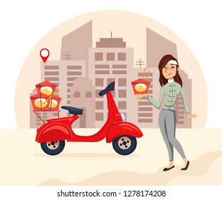 Fast Delivery asian food noodles service by scooter with courier Girl on city background. Vector cartoon character illustration. Delivery food concept.