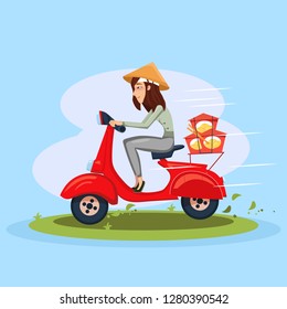 Fast Delivery asian food service by courier. Girl riding scooter with noodles box. Vector cartoon character illustration.