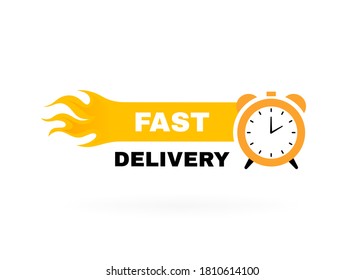 Fast delivery badge with stopwatch label and fire. Banner template design for shipping, delivery and moving company. Vector illustration.