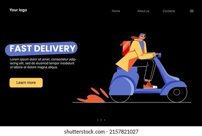 Fast delivery banner with courier on motorcycle. Vector night mode of landing page of express delivery service with flat illustration of person with backpack on scooter