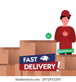 Fast Delivery banner with delivery guy. Delivery guy wearing uniform, cap character with parcel boxes and fast delivery logo, label, stamp, sticker on plain white background