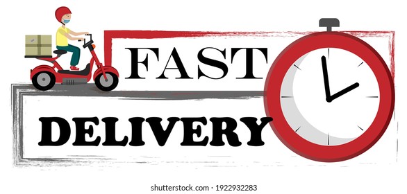 Fast delivery banner with timer and courier, flat vector illustration