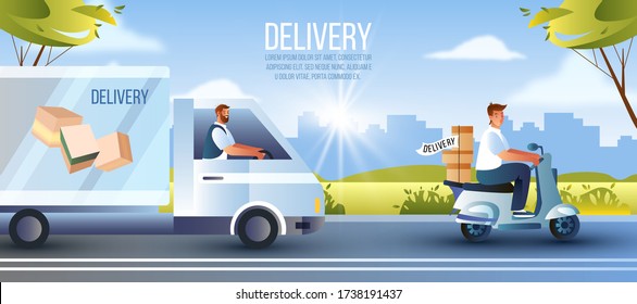 Fast delivery banner with truck, scooter, cityscape, interstate. Shipping concept with male courier drivers, boxes with goods and food. Transportation background in flat style and blue colors