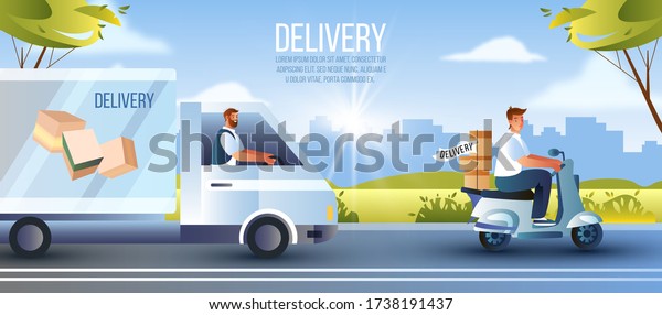 Fast delivery banner with truck, scooter,\
cityscape, interstate. Shipping concept with male courier drivers,\
boxes with goods and food. Transportation background in flat style\
and blue colors