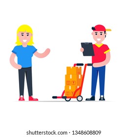 Fast delivery boy character with clipboard and trolley and boxes on it flat style design standing near 
woman recipient vector illustration. Delivery man with clipboard in his hands. Fast and free.