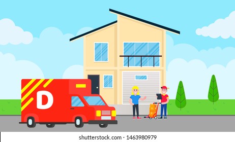 Fast delivery boy character with clipboard and trolley and boxes on it flat style design standing near woman behind building and car van. Delivery to home concept. Fast and free.