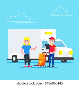 Fast delivery boy character with clipboard and trolley and boxes on it flat style design standing near woman behind car van. Delivery to home concept. Fast and free.