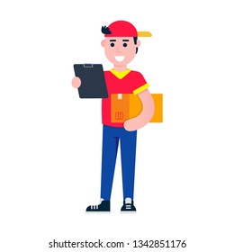 Fast delivery boy character flat style design vector illustration. Boy with the box in his hands and clipboard. Symbol of delivery company. fast and free.