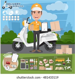 Fast delivery. Delivery Boy Ride Motorcycle Service, Order, Worldwide Shipping, Free Transport. vector illustration eps10