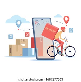 Fast delivery by bike via mobile phone. Ecommerce concept. Online shopping. Online delivery service concept. Online order tracking. City logistics. Vector illustration