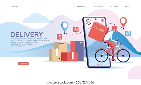 Fast delivery by bike via mobile phone. Ecommerce concept. Online shopping. Online delivery service concept. Online order tracking. City logistics. Vector illustration