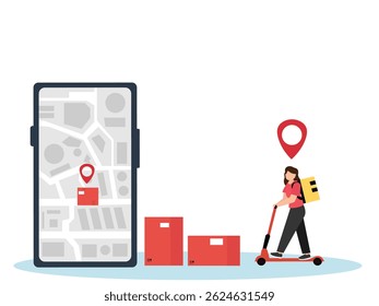 Fast delivery by electric scooter. Smartphone with mobile app for delivery tracking. Vector illustration