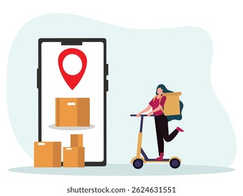 Fast delivery by electric scooter. Smartphone with mobile app for delivery tracking. Vector illustration