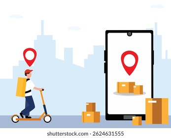 Fast delivery by electric scooter. Smartphone with mobile app for delivery tracking. Vector illustration