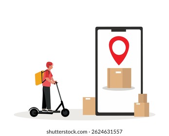 Fast delivery by electric scooter. Smartphone with mobile app for delivery tracking. Vector illustration