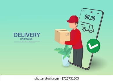 Fast delivery by Man on mobile. E-commerce concept. Online food order infographic. Webpage, app design. Pink and Blue background. Perspective vector
