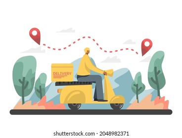 Entrega rápida por concepto de ecommerce de scooter móvil Infografía pedidos online de alimentos, entrega, página web. Diseño de aplicaciones. Vista vectorial.