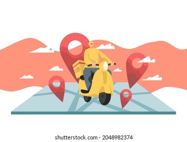 Fast delivery by mobile scooter ecommerce concept Infographics online food ordering, delivery, web page. App design. Vector view.