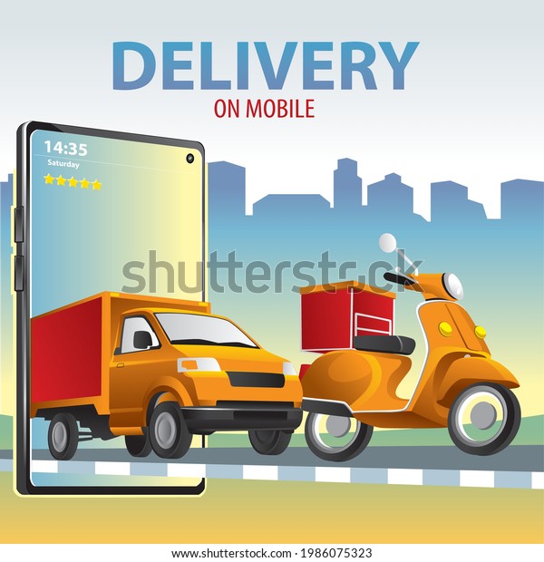 Fast delivery by scooter\
and car on mobile. E-commerce concept. Online food order\
infographic. Webpage, app design. Blue and Black background.\
Perspective vector