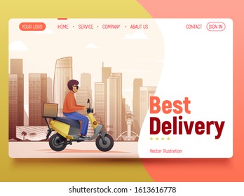 Fast delivery by scooter. Character on cityscape background. banner for website, illustration for application.