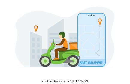 Entrega rápida por concepto de scooter en el móvil. Entrega de comida en línea. Servicio de comida. Ilustración vectorial.