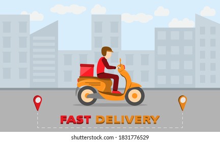 Fast delivery by scooter concept. Online food delivery. Food Service. Vector Illustration.