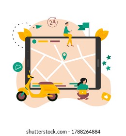 Fast delivery by scooter and device with map geo location. Quarantine safe online delivery concept. Vector illustration