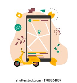 Fast delivery by scooter and device with map geo location. Quarantine safe online delivery concept. Vector illustration