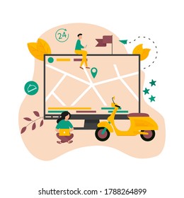 Fast delivery by scooter and device with map geo location. Quarantine safe online delivery concept. Vector illustration