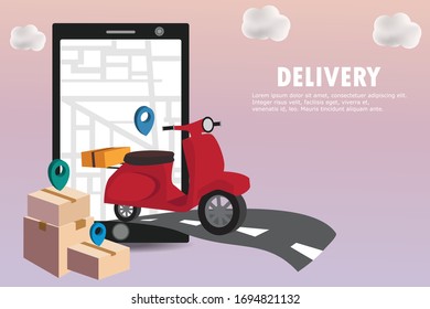 Fast delivery by scooter E-commerce concept. Online food order on mobile Vector illustration