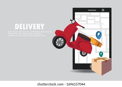 Fast delivery by scooter E-commerce concept. Online food order on mobile Vector illustration