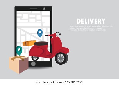 Fast delivery by scooter E-commerce concept. Online food order on mobile Vector illustration