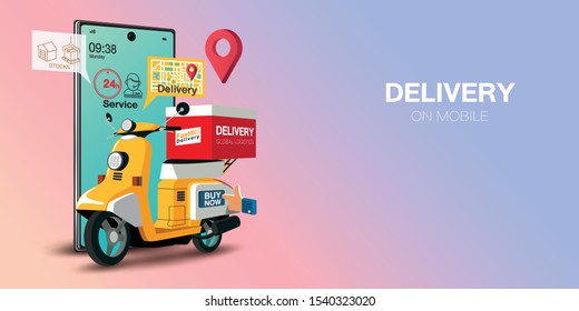 Fast delivery by scooter on mobile. E-commerce concept. Online food order infographic. Webpage, app design. Pink and Blue background. Perspective vector
