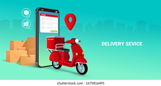 Fast delivery by scooter on mobile. E-commerce concept. Online food or pizza order and packaging box infographic. Webpage, app design. green gradient city background. Perspective vector illustration