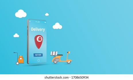 Fast delivery by scooter on mobile. E-commerce concept. On blue background. Perspective vector illustrator.