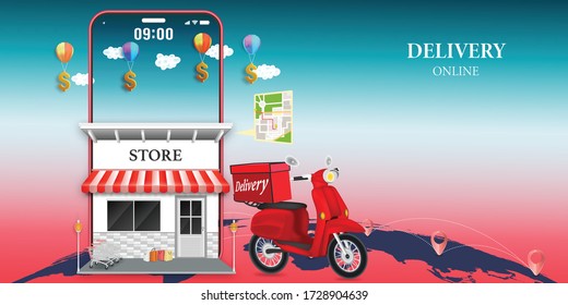 Fast delivery by scooter on mobile. E-commerce online concept. Online food order infographic. Webpage, app design. vector illustration.