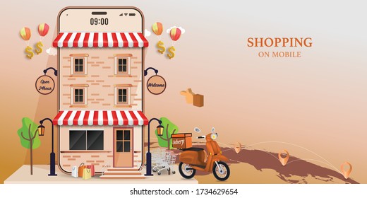 Fast delivery by scooter on mobile. E-commerce online concept. Online food order infographic. Webpage, app design. vector illustration.