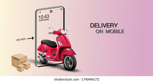 Fast delivery by scooter on mobile. E-commerce concept. Shopping Online food order infographic. Webpage, app design.