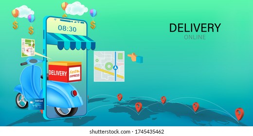 Fast delivery by scooter on mobile. E-commerce online concept. Online food order infographic. Webpage, app design. vector illustration.