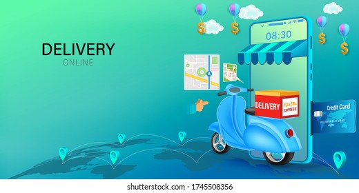 Fast delivery by scooter on mobile. E-commerce online concept. Online food order infographic. Webpage, app design. vector illustration.